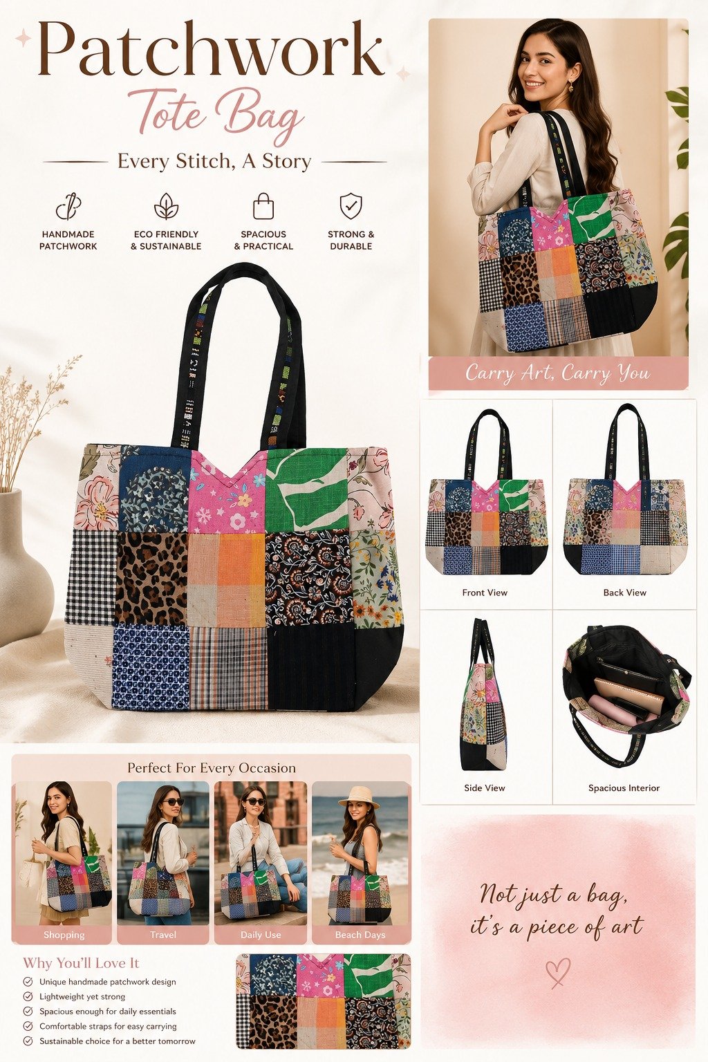 Patchwork Tote Bag – Handmade Eco-Friendly Shoulder Bag