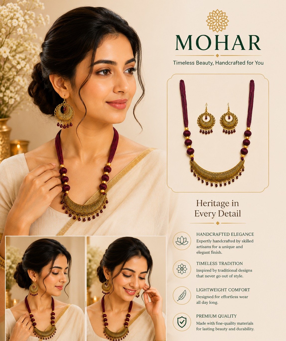 Handcrafted Antique Crescent Necklace Set with Matching Earrings - Image 4