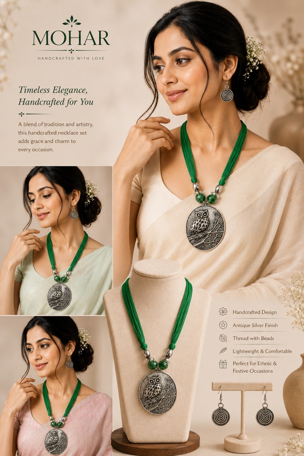 Handcrafted Owl Pendant Necklace Set with Matching Spiral Earrings - Image 4