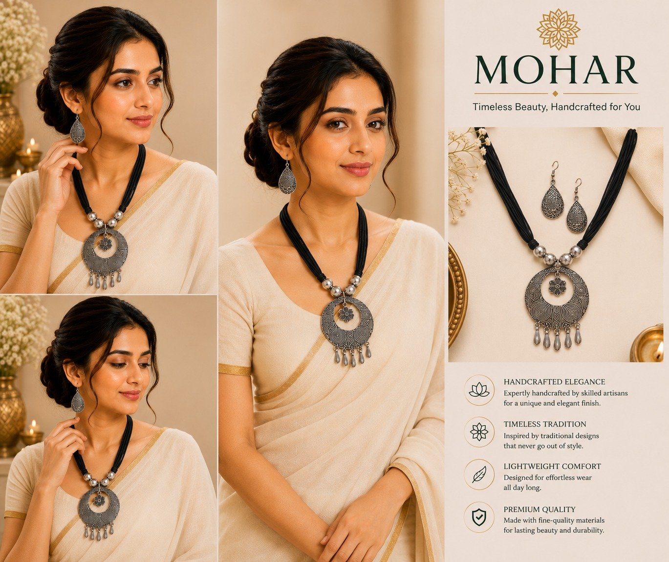 Handcrafted Antique Circular Pendant Necklace Set with Matching Earrings - Image 4