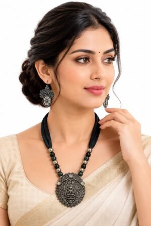 Handcrafted Antique Goddess Pendant Necklace Set with Matching Earrings