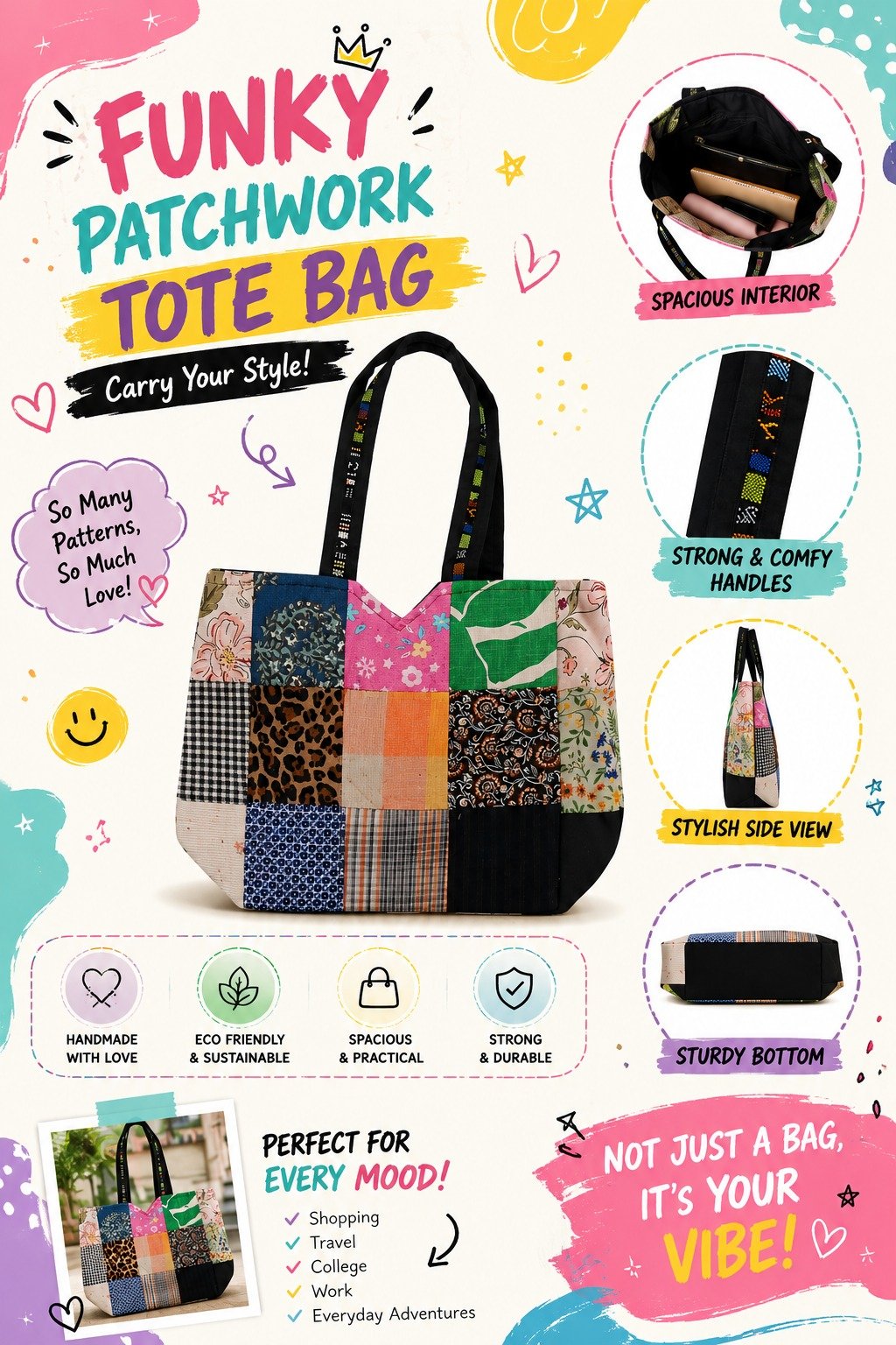 Patchwork Tote Bag – Handmade Eco-Friendly Shoulder Bag - Image 4