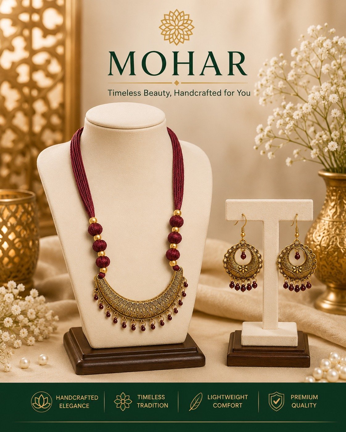 Handcrafted Antique Crescent Necklace Set with Matching Earrings - Image 3