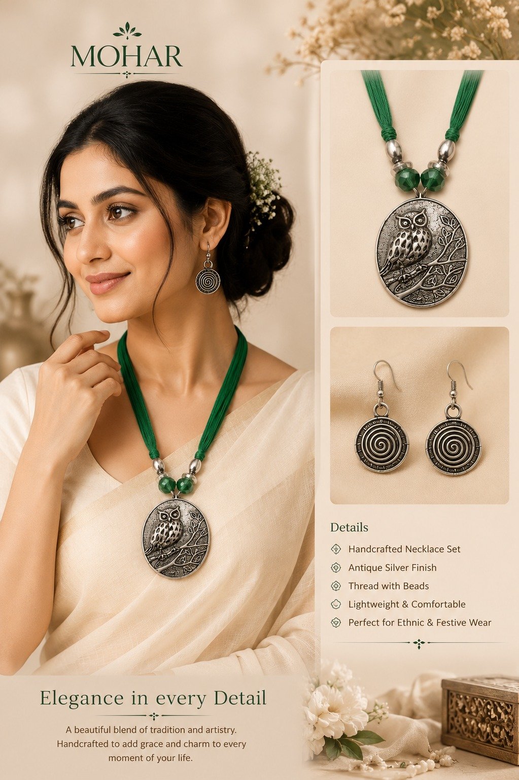 Handcrafted Owl Pendant Necklace Set with Matching Spiral Earrings - Image 3