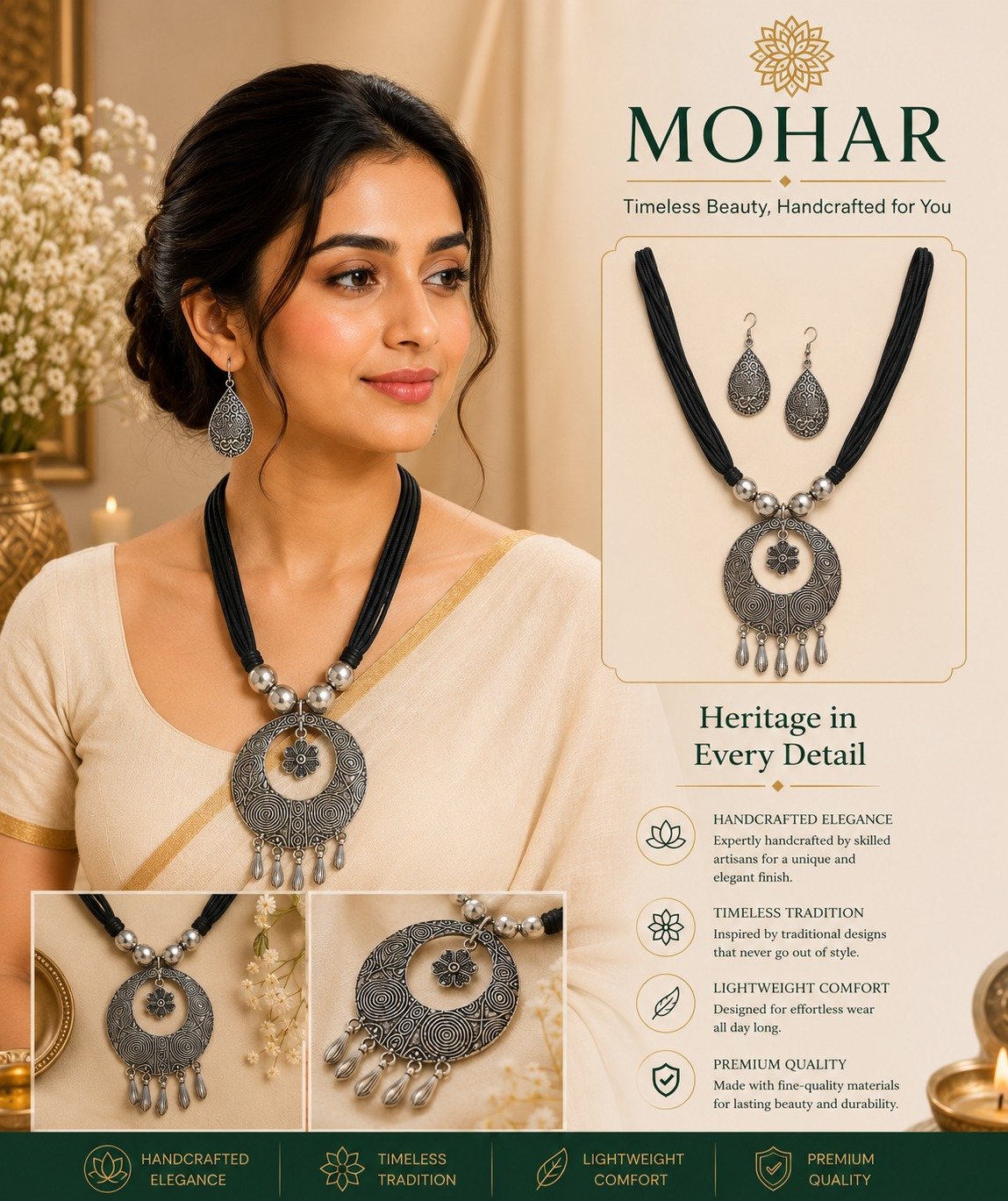 Handcrafted Antique Circular Pendant Necklace Set with Matching Earrings - Image 3