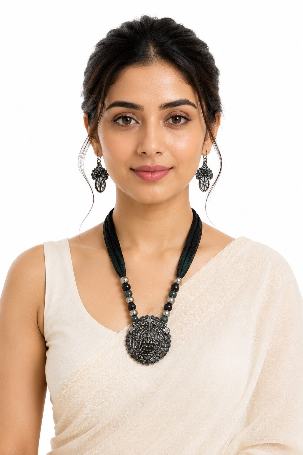 Handcrafted Antique Goddess Pendant Necklace Set with Matching Earrings - Image 4
