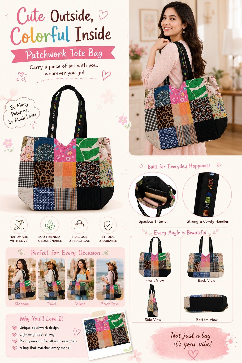 Patchwork Tote Bag – Handmade Eco-Friendly Shoulder Bag - Image 3
