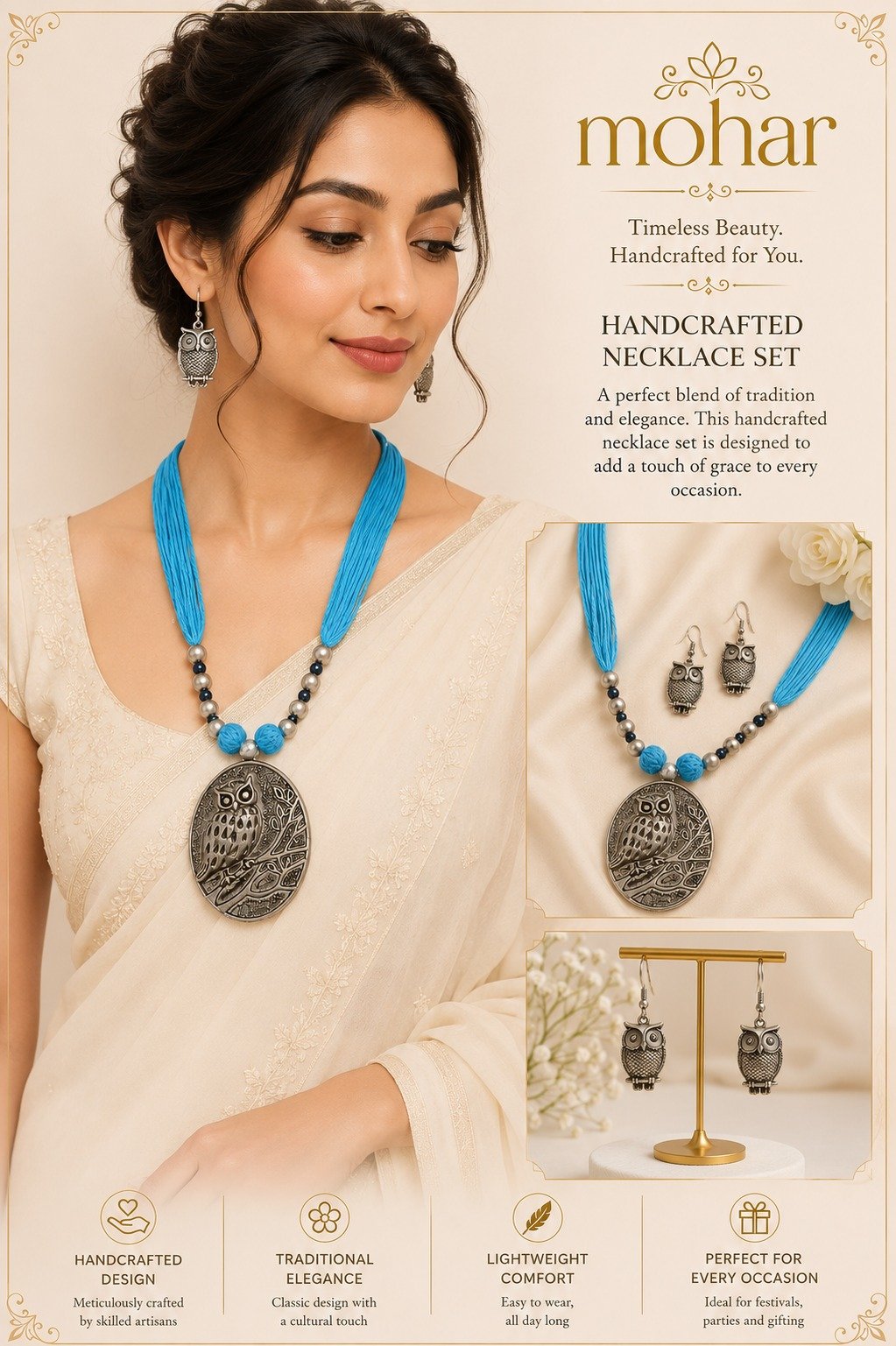 Handcrafted Owl Pendant Necklace Set - Image 3