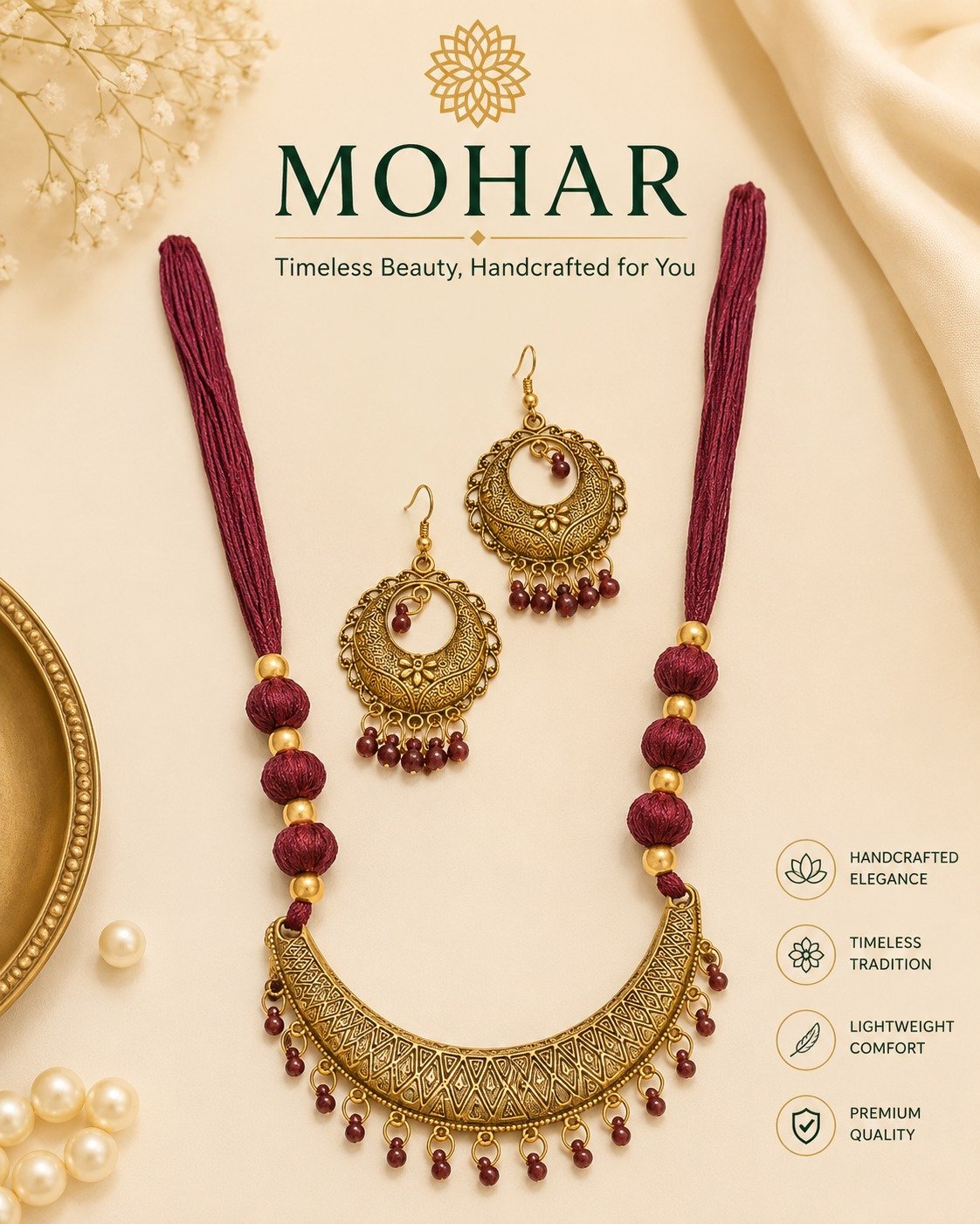 Handcrafted Antique Crescent Necklace Set with Matching Earrings - Image 2