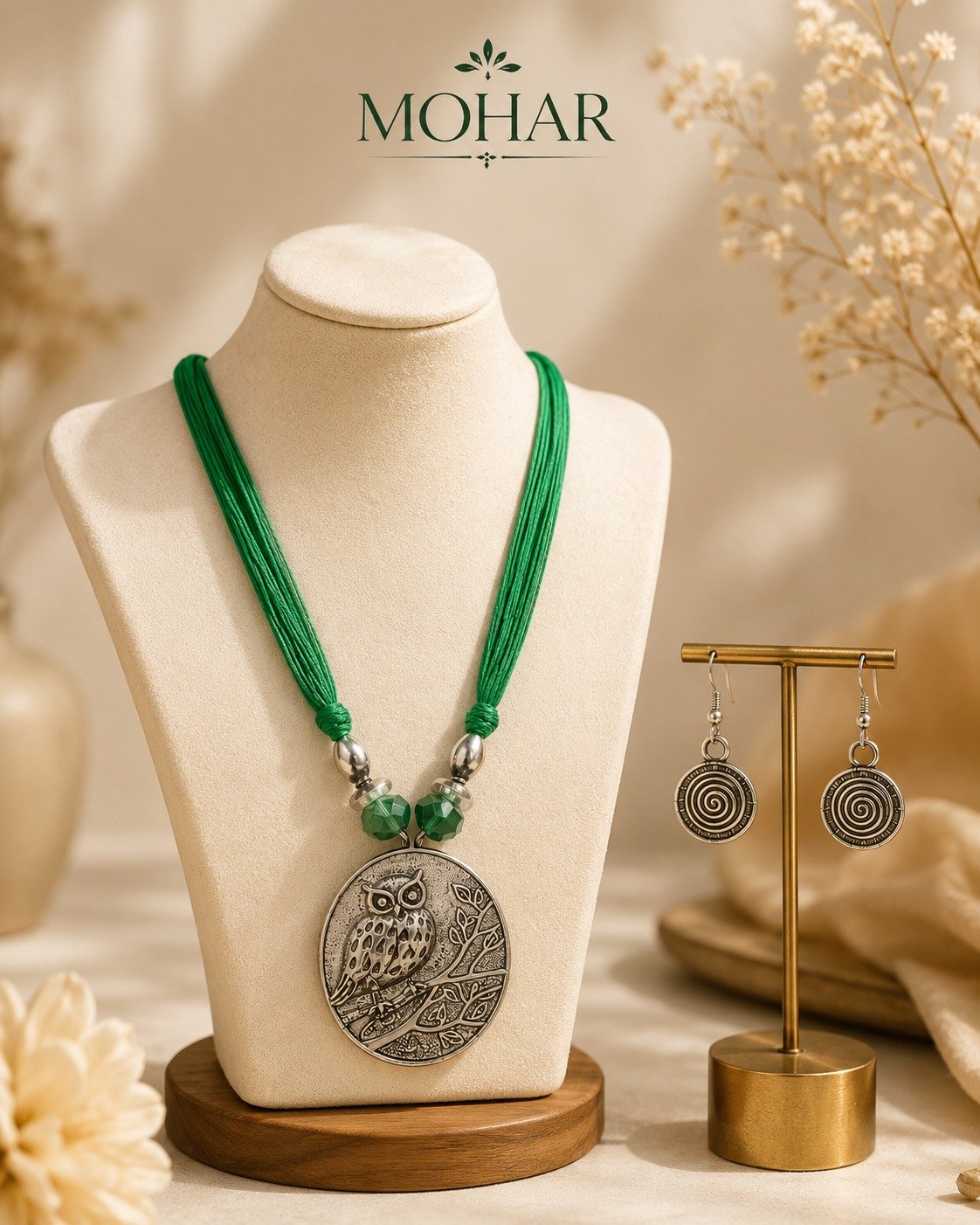 Handcrafted Owl Pendant Necklace Set with Matching Spiral Earrings - Image 2