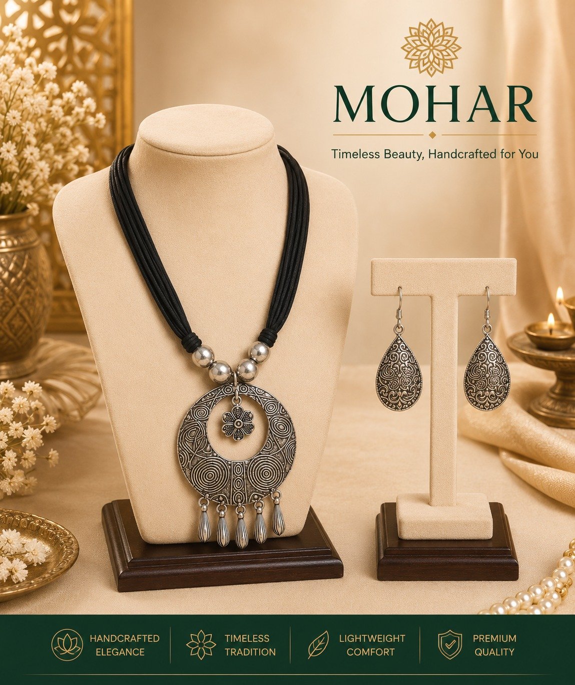 Handcrafted Antique Circular Pendant Necklace Set with Matching Earrings - Image 2
