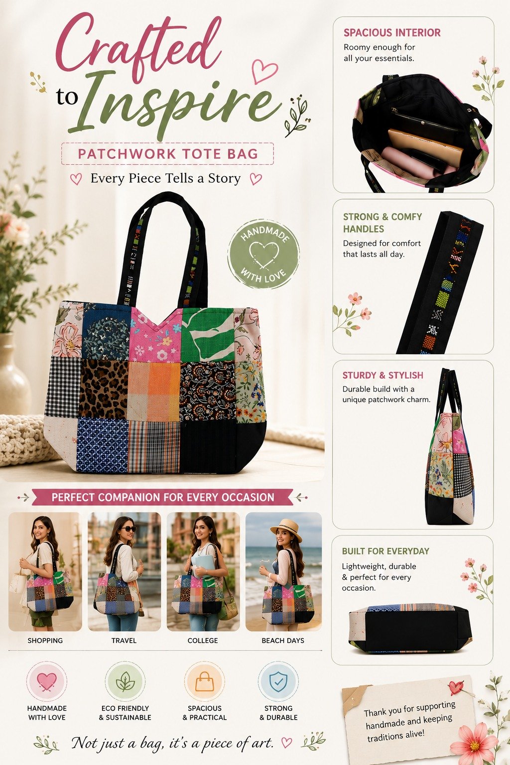 Patchwork Tote Bag – Handmade Eco-Friendly Shoulder Bag - Image 2