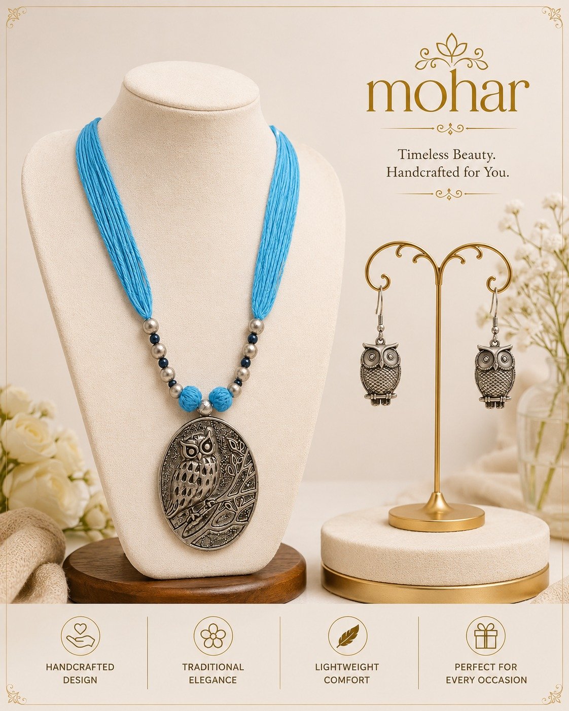 Handcrafted Owl Pendant Necklace Set - Image 2