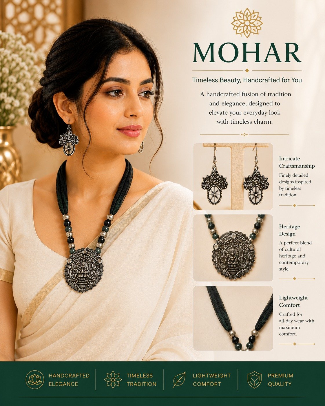 Handcrafted Antique Goddess Pendant Necklace Set with Matching Earrings - Image 2