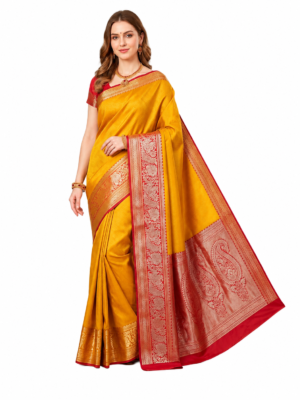 Mohar mustard yellow silk blend saree with maroon border and paisley pallu
