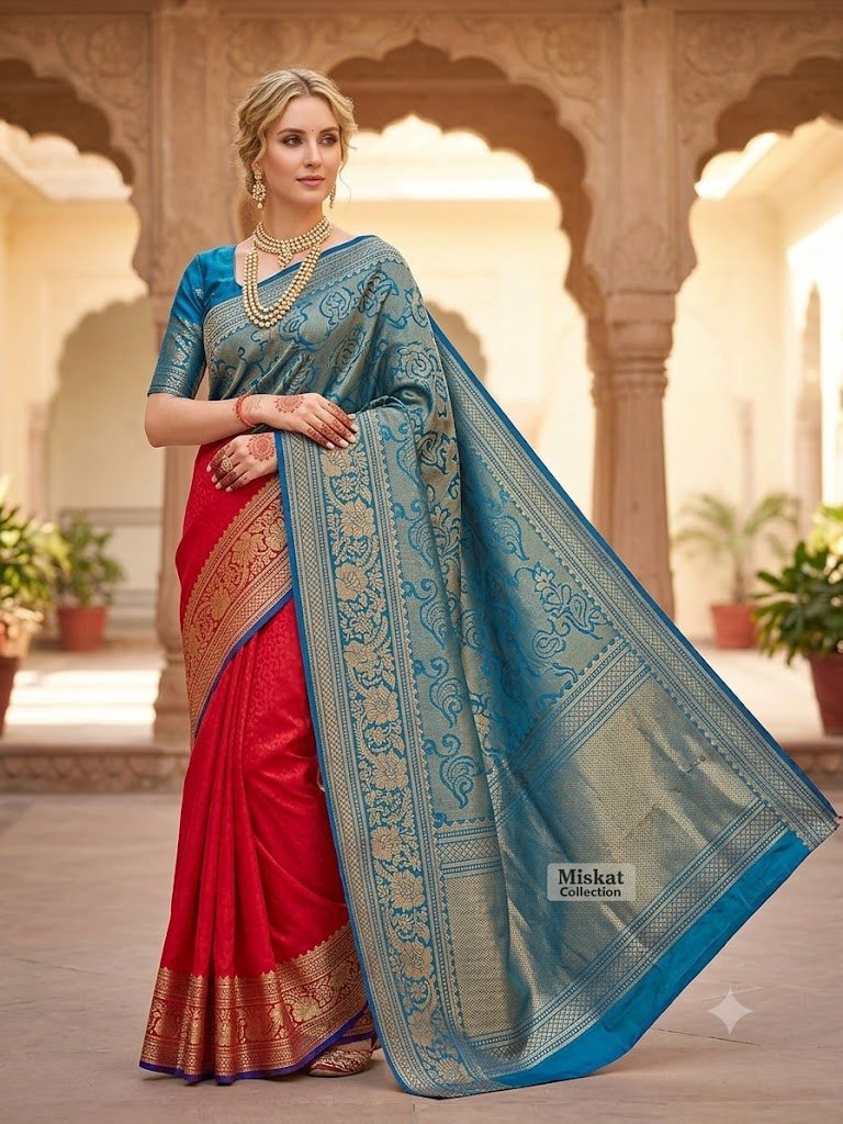 Mohar Red Teal Blue Saree with Golden Floral & Paisley Zari Pallu - Image 4