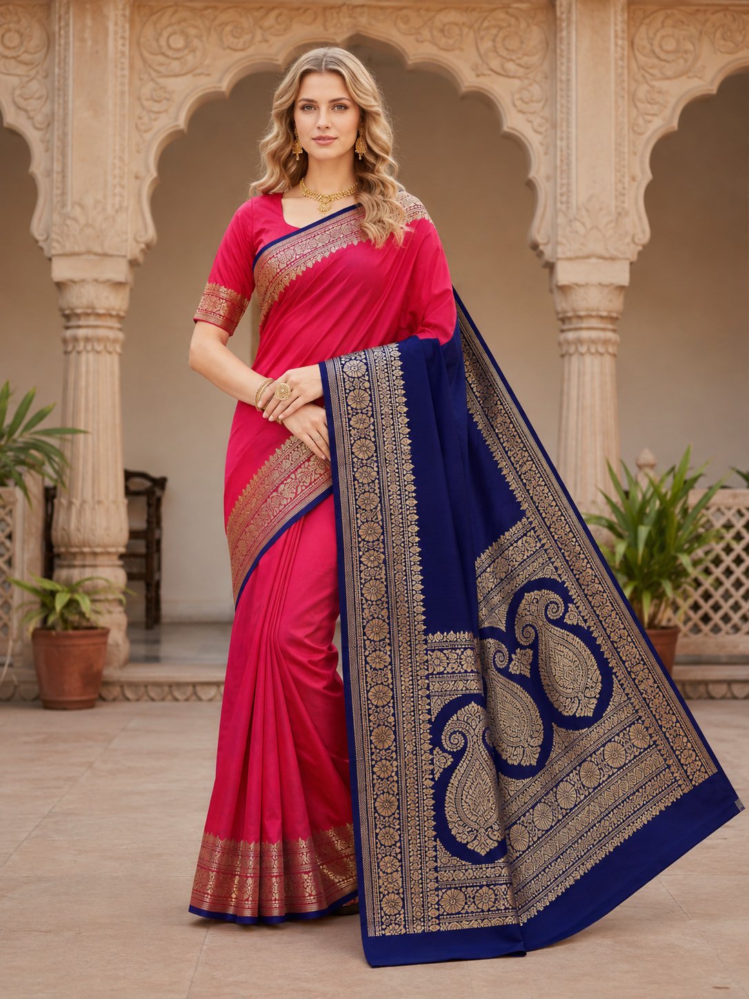 Pink Navy Blue Saree with Golden Zari Pallu | Mohar - Image 4