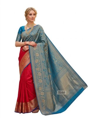 Mohar Red Teal Blue Saree with Golden Floral and Paisley Zari Pallu