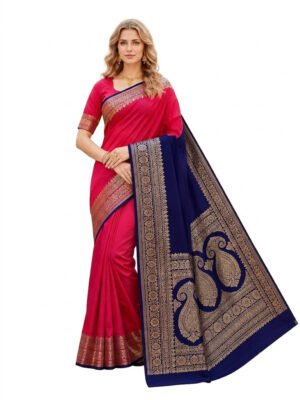 Mohar pink and navy blue saree with golden floral and paisley zari pallu