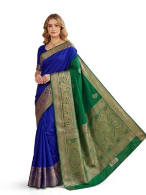 Mohar royal blue and green saree with golden floral and paisley zari pallu