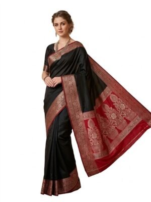 Black and maroon designer saree with intricate golden zari border and floral pallu
