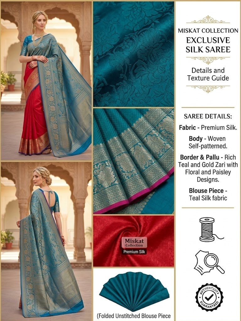 Mohar Red Teal Blue Saree with Golden Floral & Paisley Zari Pallu - Image 3