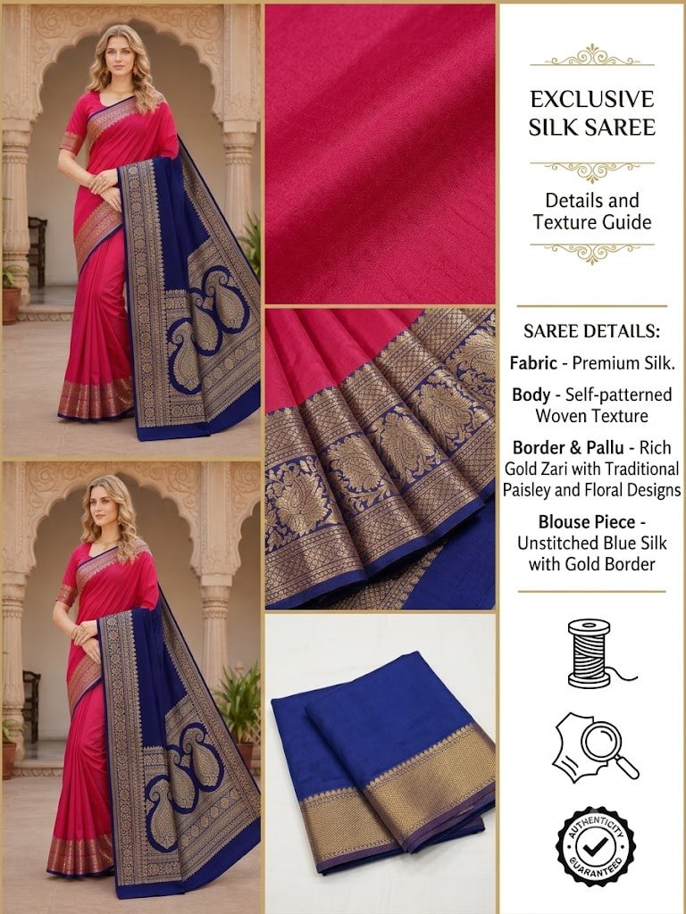 Pink Navy Blue Saree with Golden Zari Pallu | Mohar - Image 3