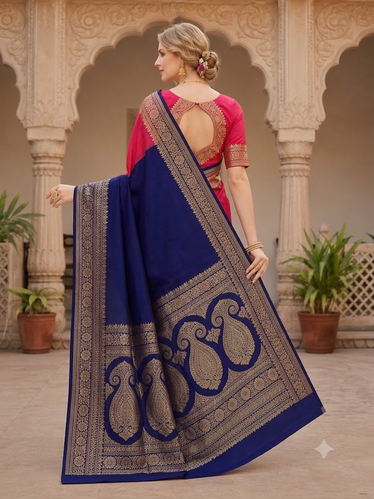 Pink Navy Blue Saree with Golden Zari Pallu | Mohar - Image 2