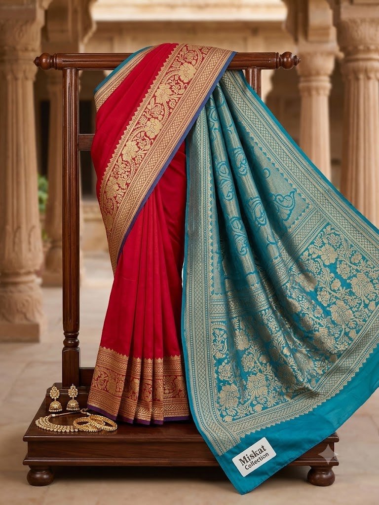 Mohar Red Teal Blue Saree with Golden Floral & Paisley Zari Pallu - Image 2